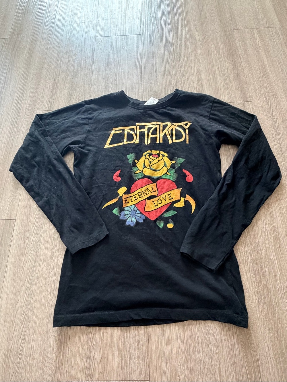 Ed Hardy Black Long Sleeve Tee with Colorful 'Eternal Love' Graphic